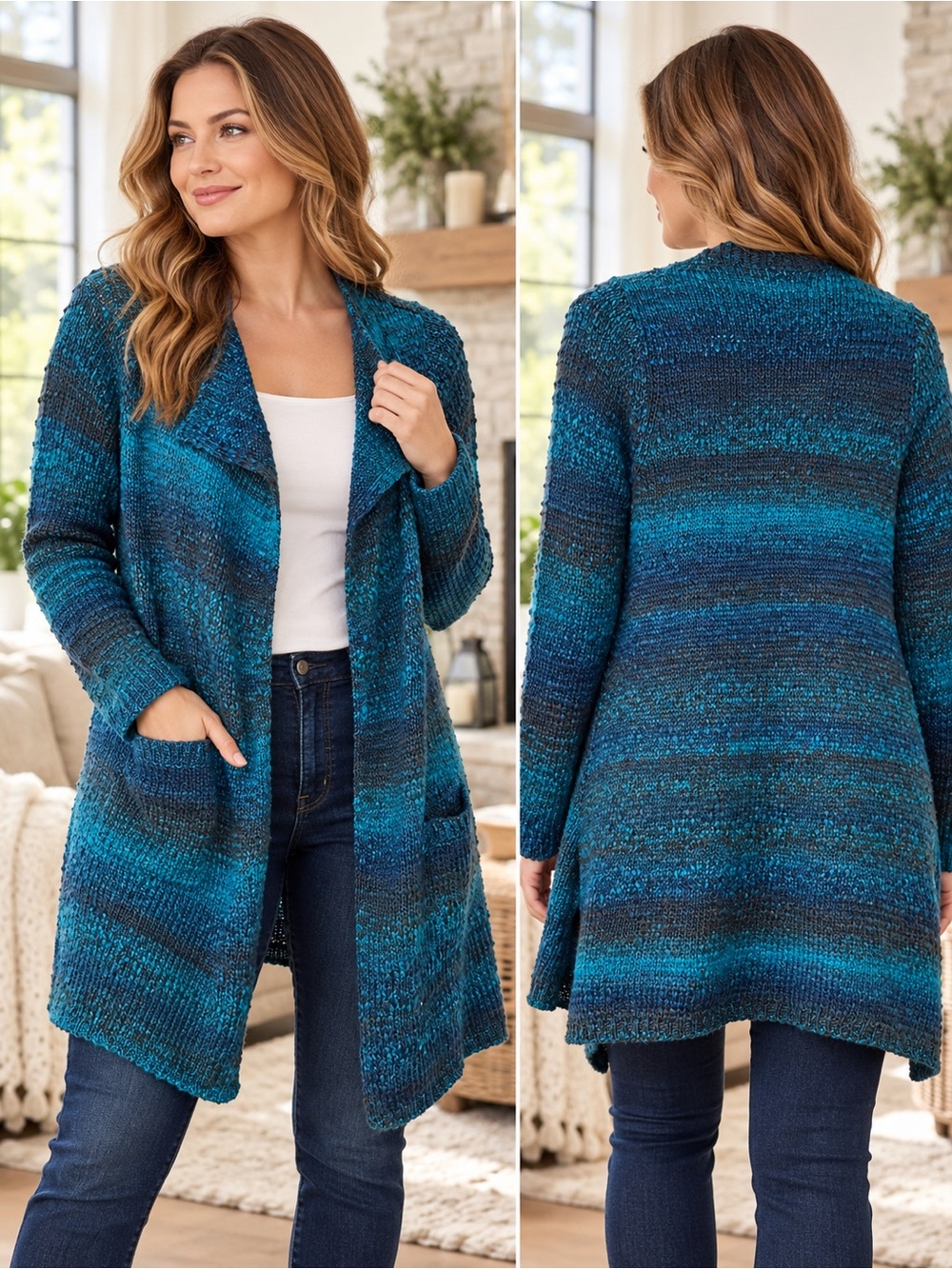 Lucky Brand Women Sz XL Teal Blue Marled Wool Blend Open Front Cardigan Sweater